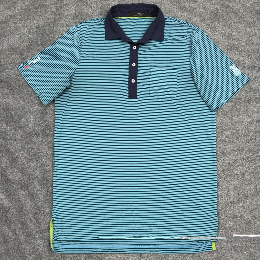 Ralph Lauren RLX Mens Polo Shirt Mens Medium Blue Striped Golf Carpe Diem - Picture 1 of 11